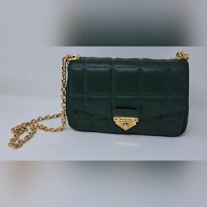 Michael Kors Soho Shoulder Bag Quilted Green Leather Gold Chain Convertible